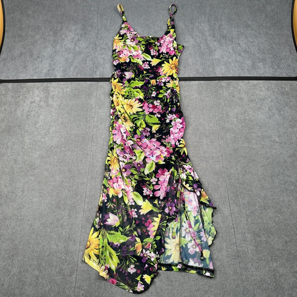 Haute Monde Floral Mesh Ruched Midi Dress Black Pink Yellow Sleeveless Y2k